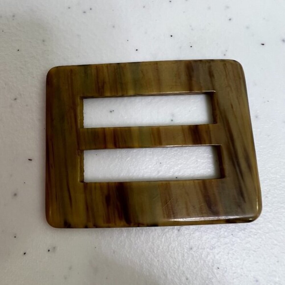 Vintage Bakelite Belt Buckle Brown Square Carved Button Fastener Scarf Clip Ring